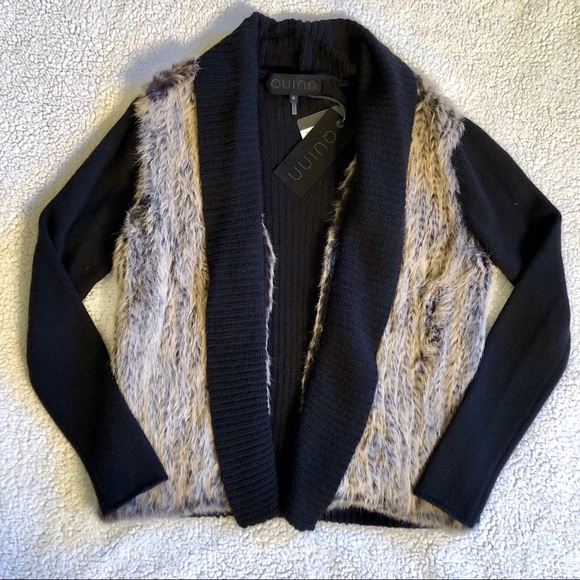 QUINN Black Dyed Faux Fur Cashmere Cardigan NWT - Picture 2 of 3